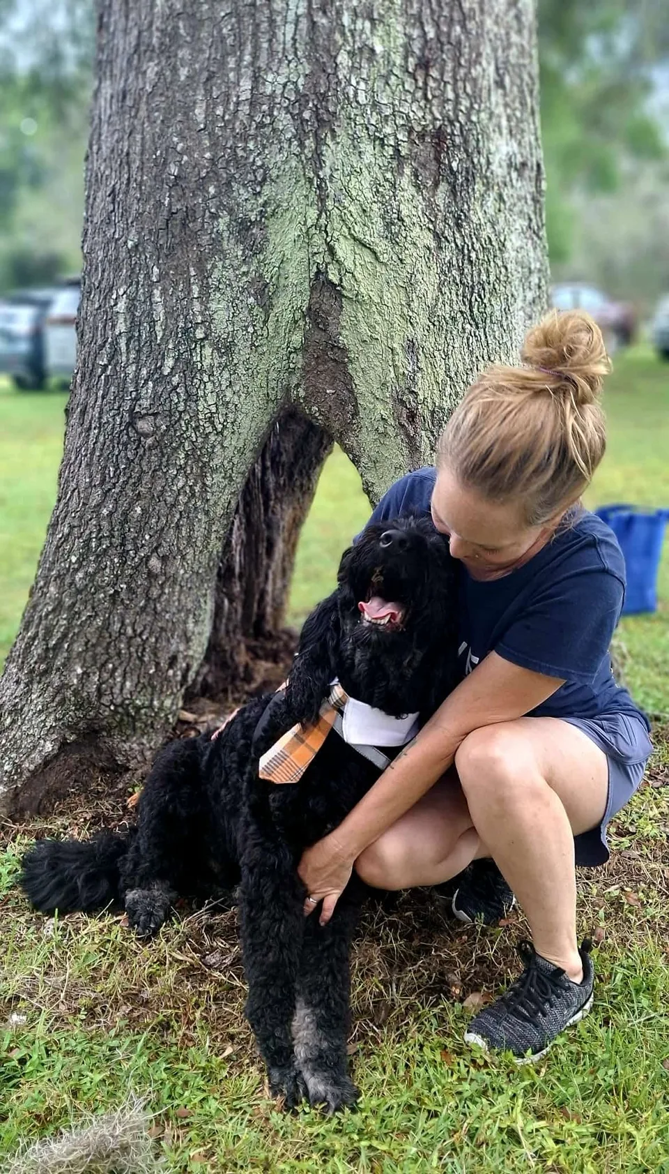 A woman hugging a black curly-haired dog beneath a tree.